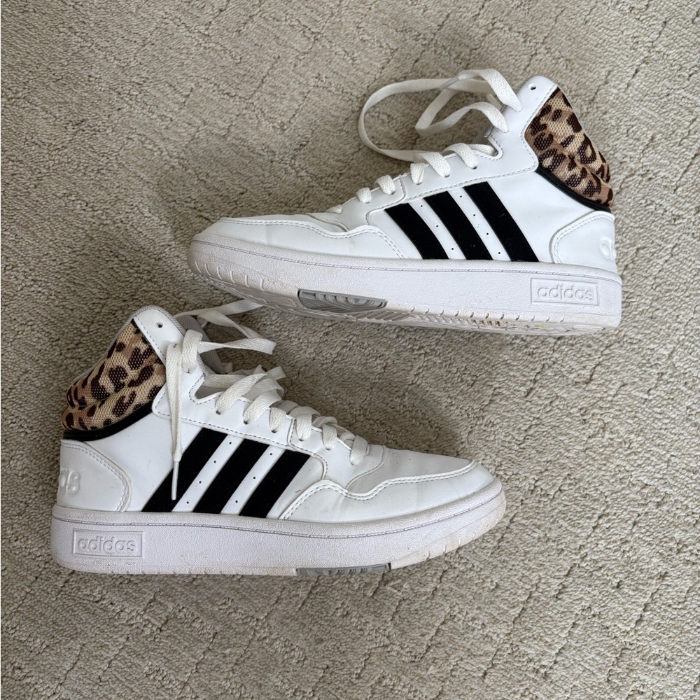 Adidas White and Black High Top Sneakers with Leopard Detail